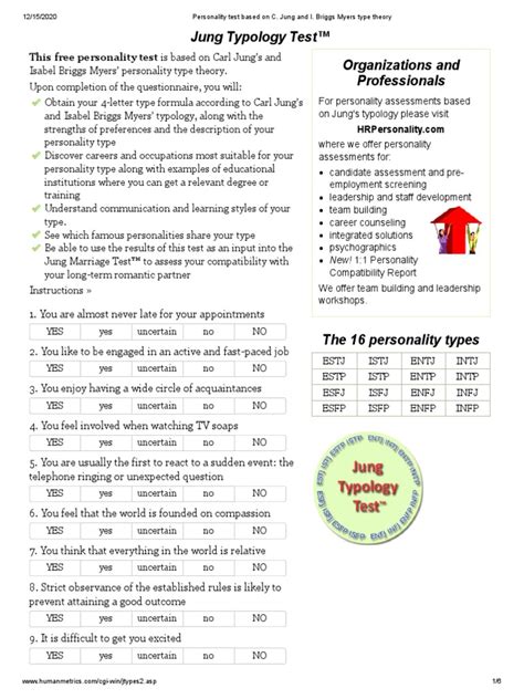 Personality test based on C. Jung and I. Briggs Myers。